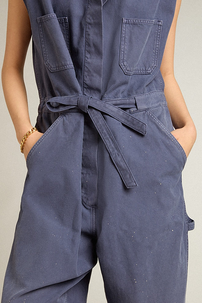 Women | Blue Distressed Cotton Jumpsuit | Blue - Image 4