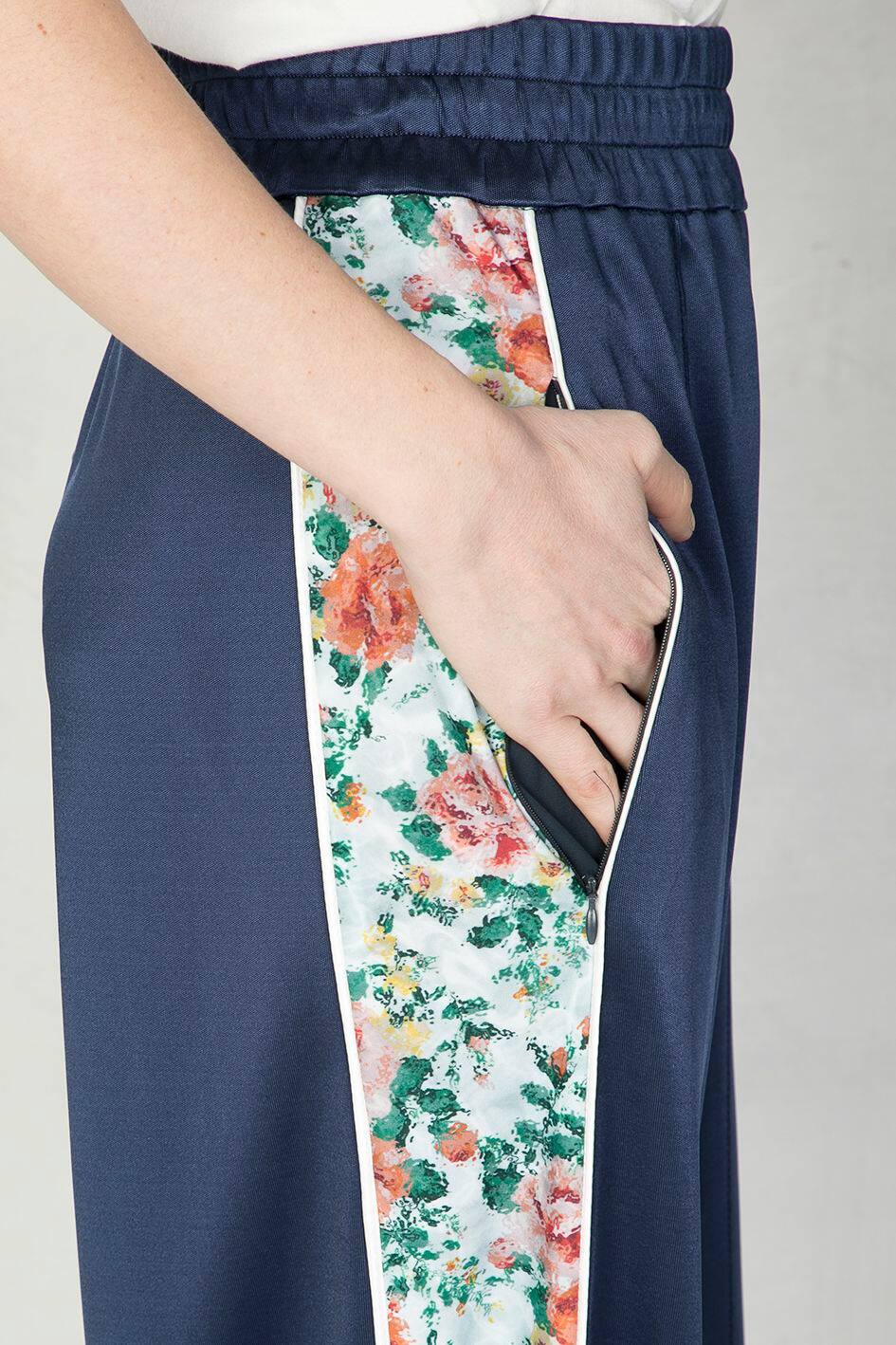 Women | Blue Wide Trousers with Flower Side Bands