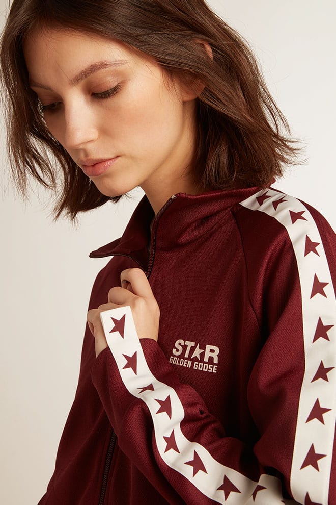 Women | Burgundy Zipped Sweatshirt with White Strip & Contrasting Stars | Windsor Wine x White