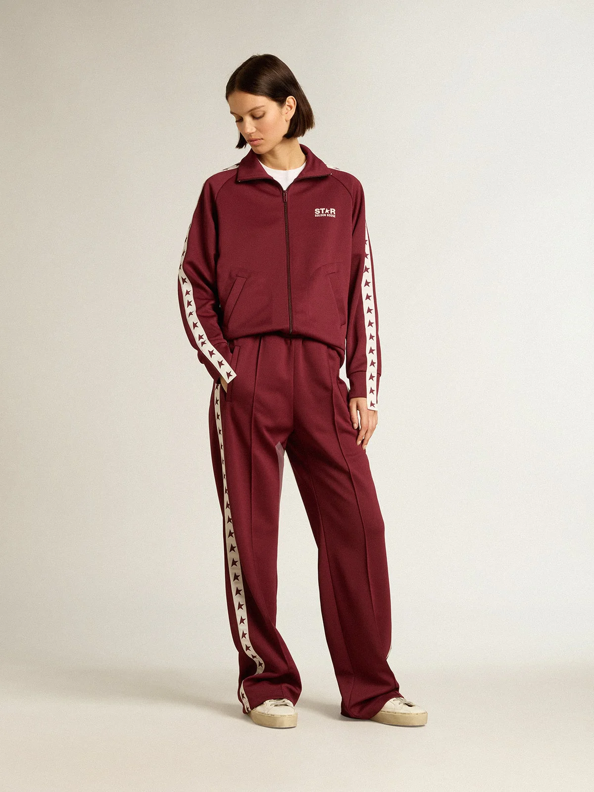 Women | Burgundy Zipped Sweatshirt with White Strip & Contrasting Stars | Windsor Wine x White - Image 4