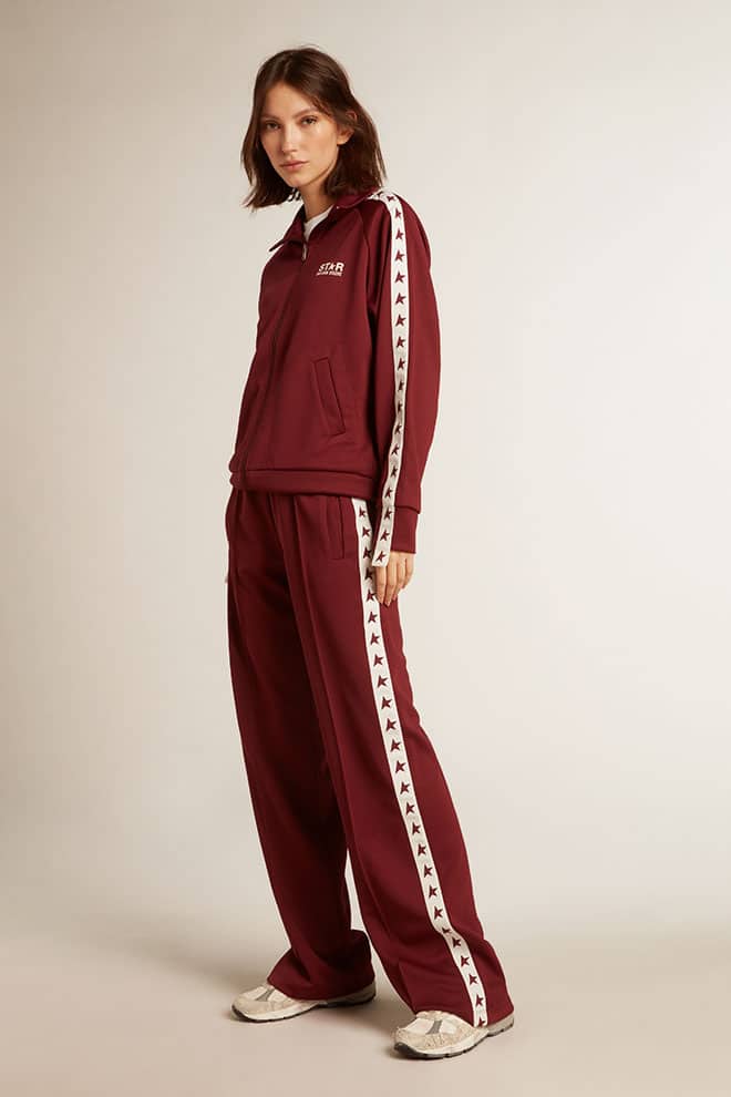 Women | Burgundy Zipped Sweatshirt with White Strip & Contrasting Stars | Windsor Wine x White - Image 5