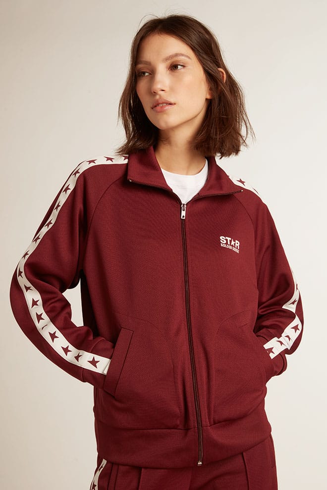 Women | Burgundy Zipped Sweatshirt with White Strip & Contrasting Stars | Windsor Wine x White - Image 7