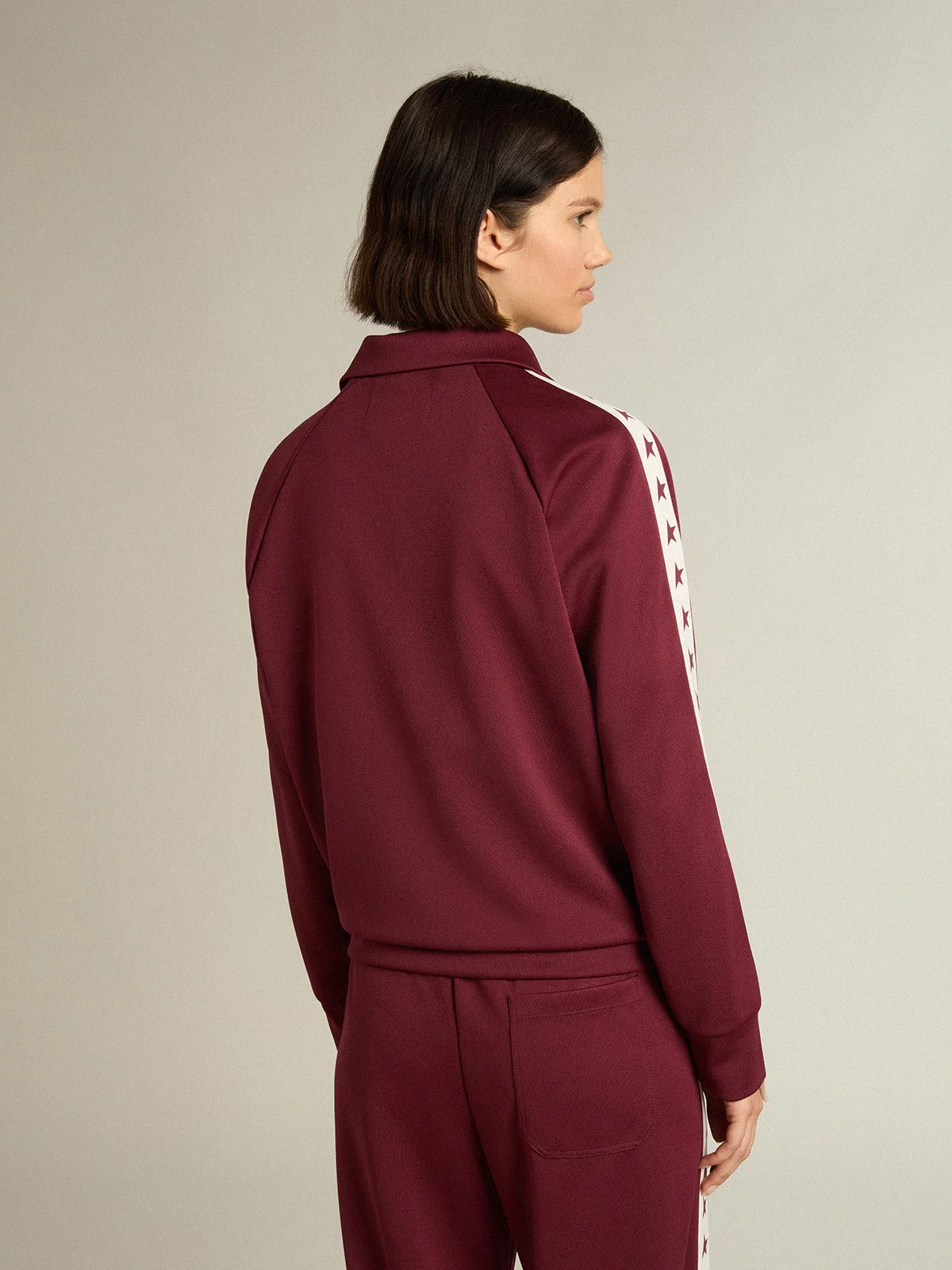 Women | Burgundy Zipped Sweatshirt with White Strip & Contrasting Stars | Windsor Wine x White - Image 8
