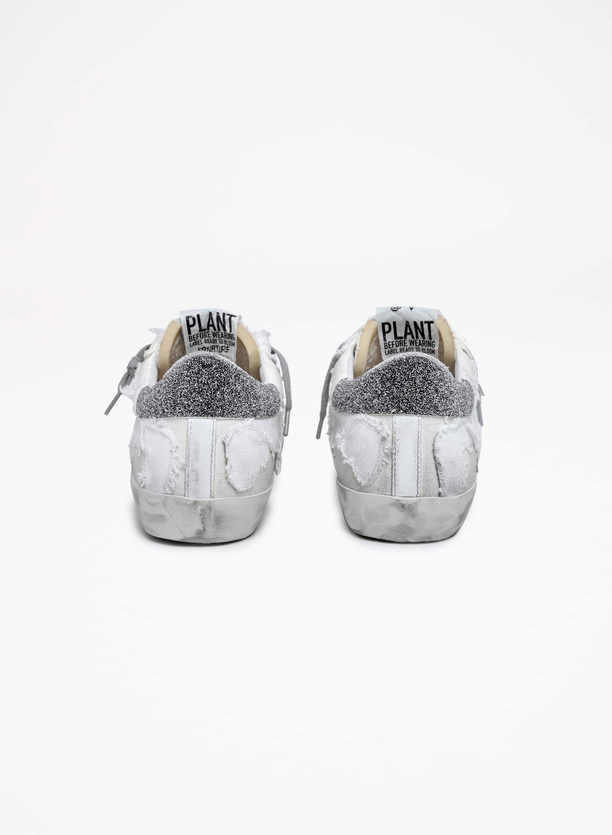 Women | Canvas Super-Star with Swarovski Crystal Heel Tab | Milk White Beige x Black Silver - Image 2