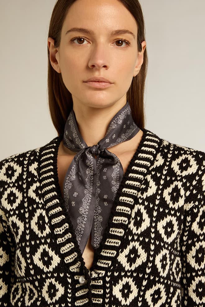 Women | Cropped Cardigan with Geometric Design Vintage White & Black | Antique White x Black - Image 10
