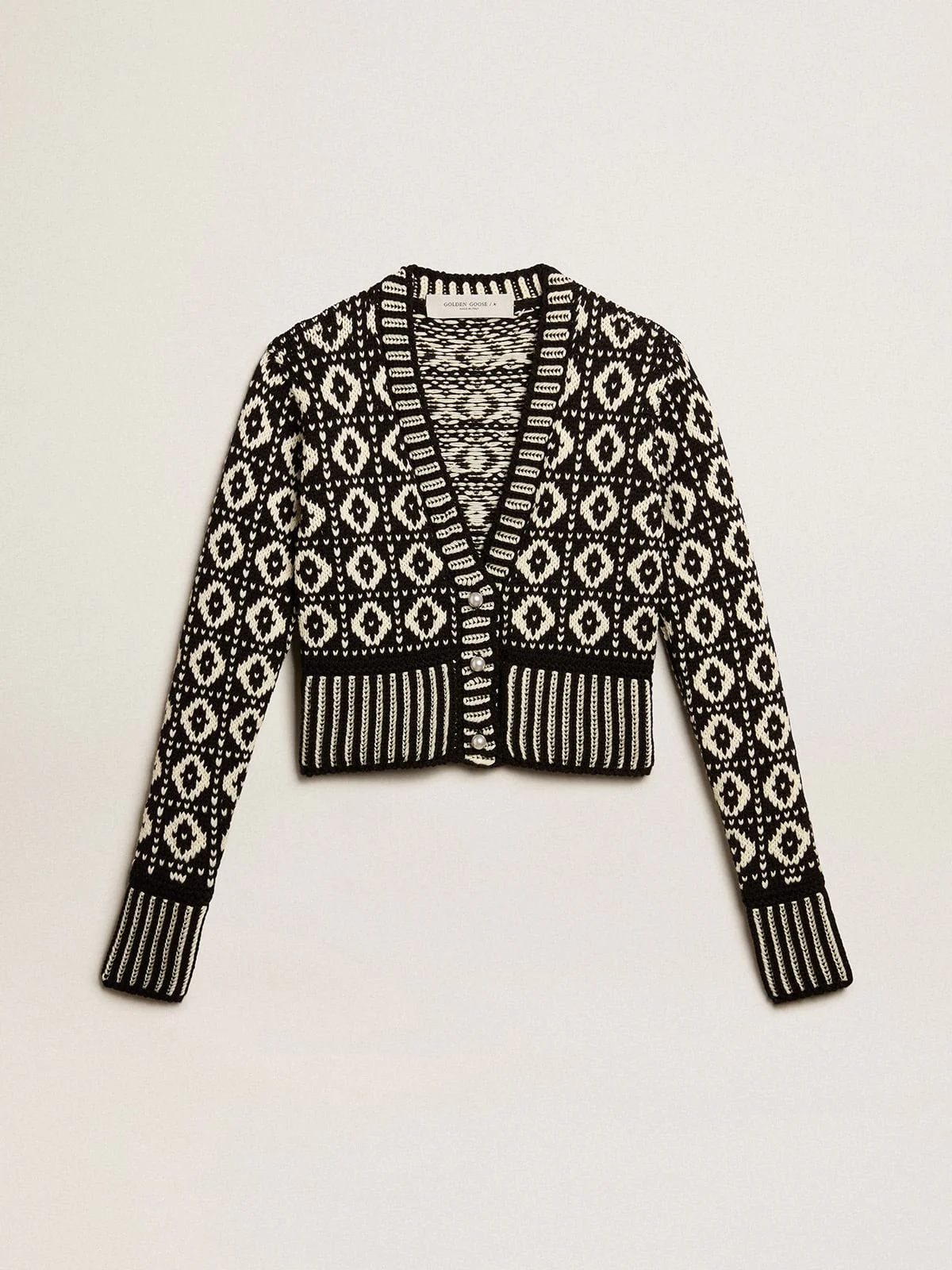 Women | Cropped Cardigan with Geometric Design Vintage White & Black | Antique White x Black - Image 2