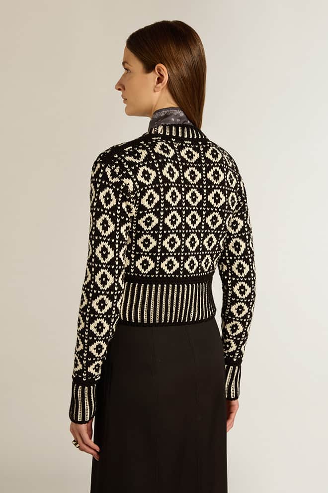 Women | Cropped Cardigan with Geometric Design Vintage White & Black | Antique White x Black - Image 4