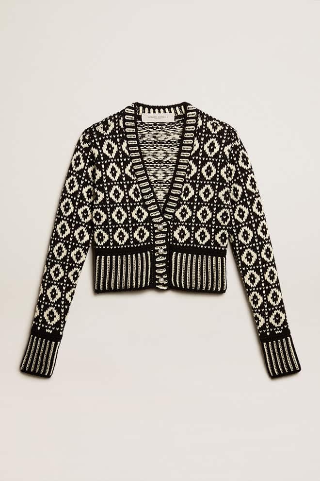 Women | Cropped Cardigan with Geometric Design Vintage White & Black | Antique White x Black - Image 5