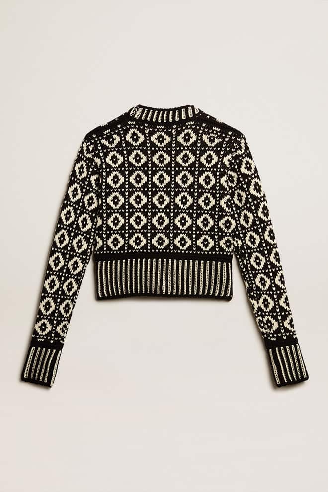 Women | Cropped Cardigan with Geometric Design Vintage White & Black | Antique White x Black - Image 6