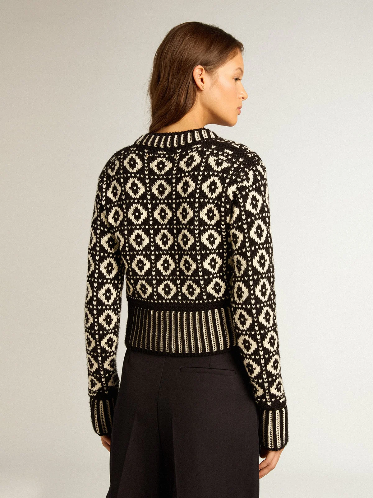 Women | Cropped Cardigan with Geometric Design Vintage White & Black | Antique White x Black - Image 7