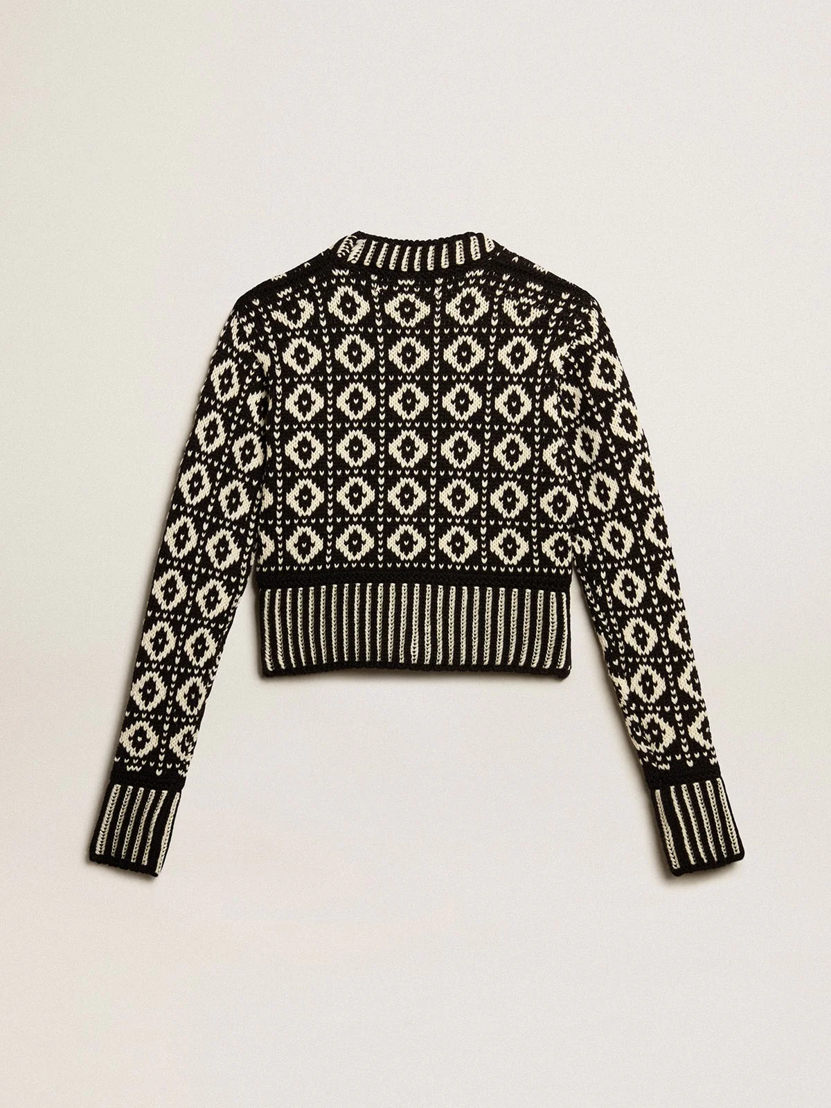 Women | Cropped Cardigan with Geometric Design Vintage White & Black | Antique White x Black - Image 9