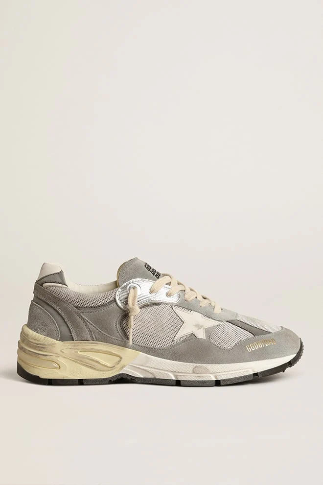 Women | Dad-Star Suede & Silver Mesh with White Leather Star & Heel Tab | Grey x Silver x White - Image 7