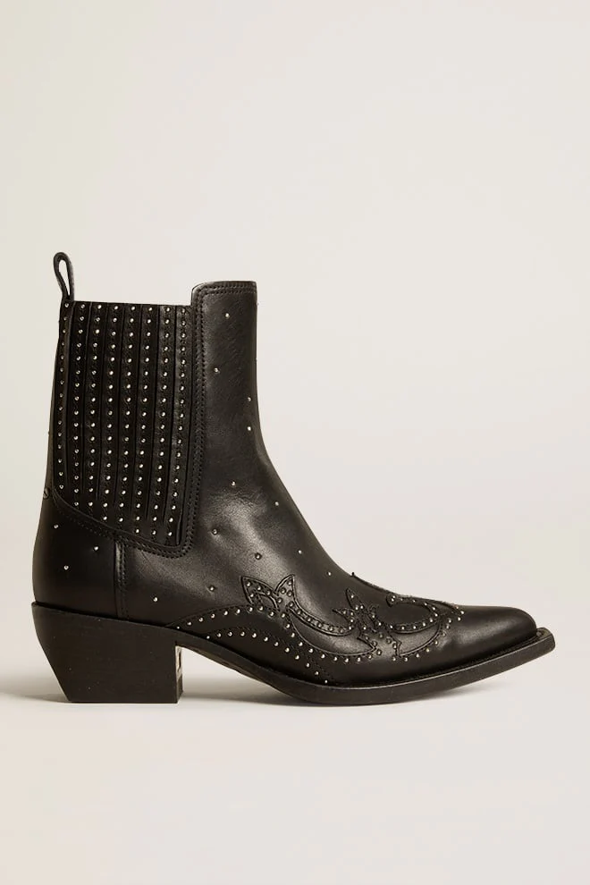 Women | Debbie Wo Ankle Boot Black Leather with Studs | Black