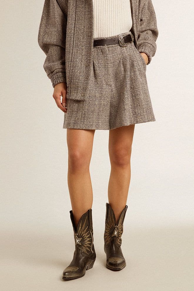 Women | Ecru Brown Shorts Herringbone Wool | Midnight x Ecru - Image 4