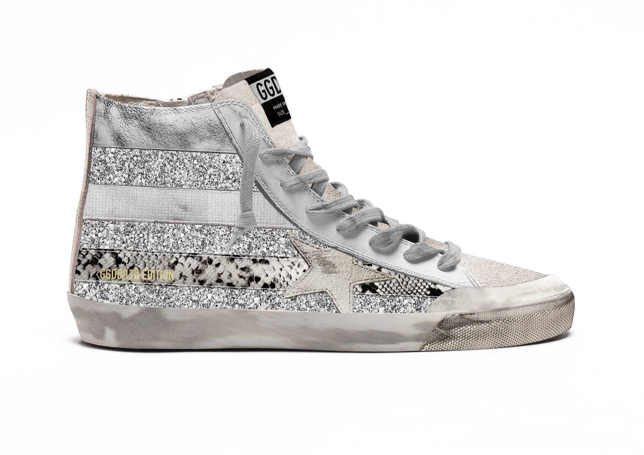 Women | Francy Lab Sneakers with Glitter Upper & Silver & Snake-Print Stripes | Silver x Ice x Rock Phyton