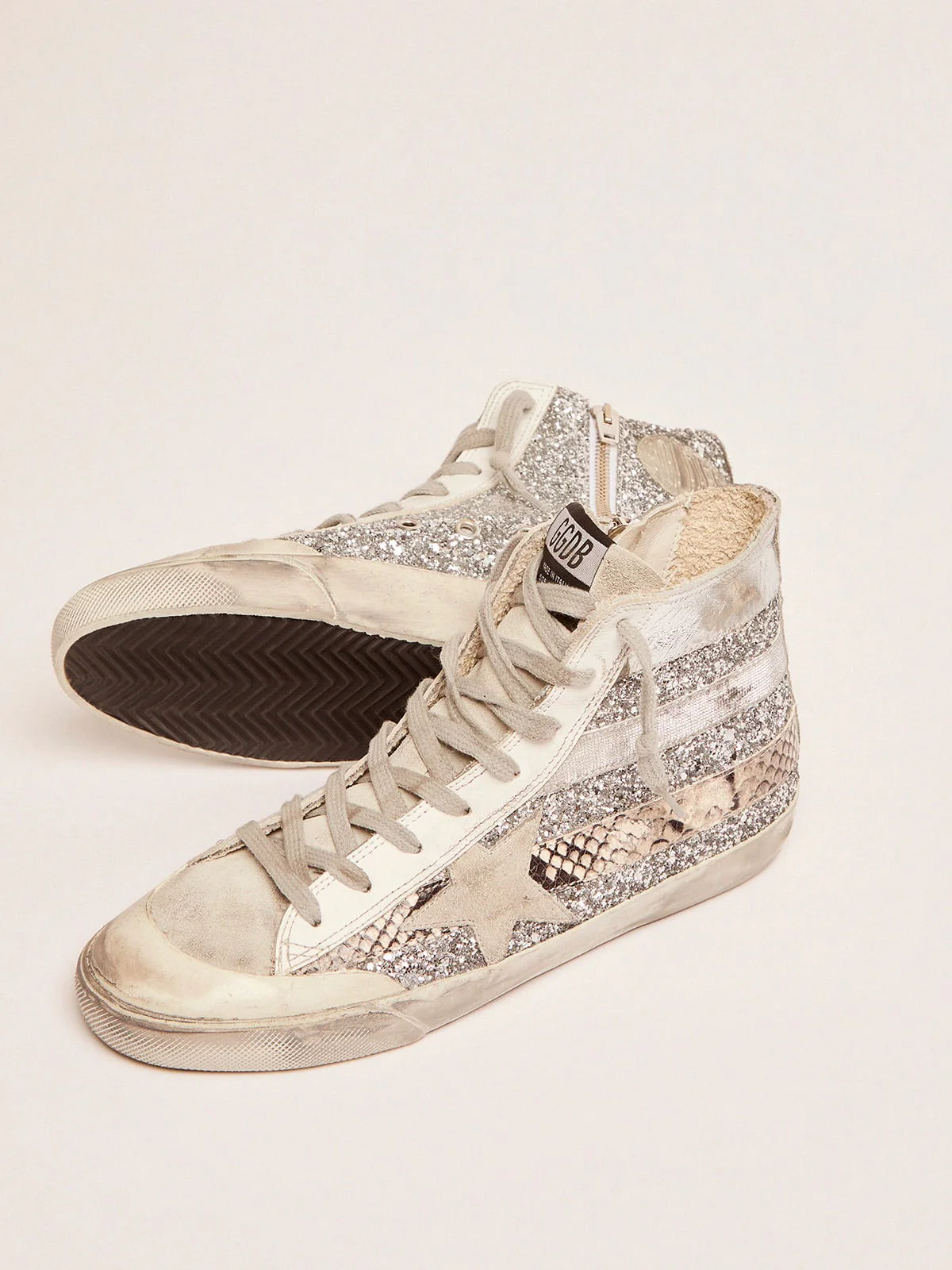 Women | Francy Lab Sneakers with Glitter Upper & Silver & Snake-Print Stripes | Silver x Ice x Rock Phyton - Image 2
