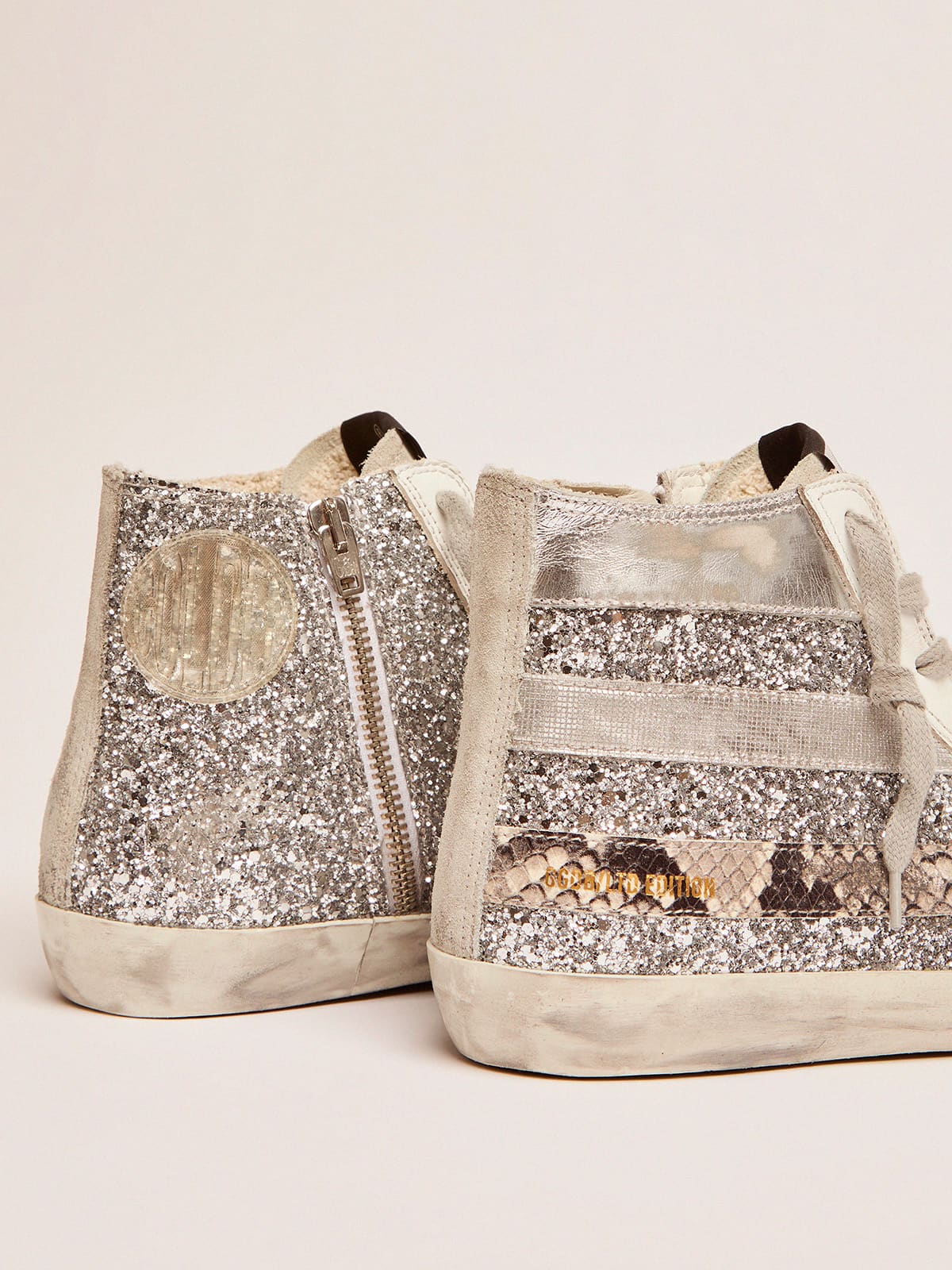 Women | Francy Lab Sneakers with Glitter Upper & Silver & Snake-Print Stripes | Silver x Ice x Rock Phyton - Image 3