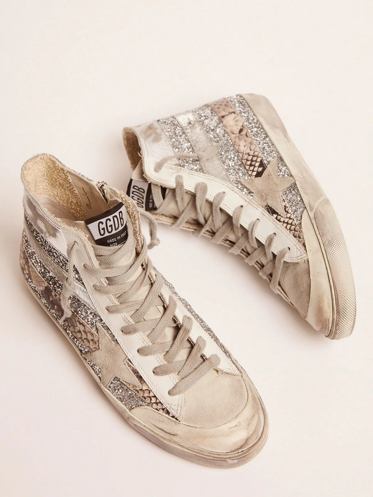 Women | Francy Lab Sneakers with Glitter Upper & Silver & Snake-Print Stripes | Silver x Ice x Rock Phyton - Image 4