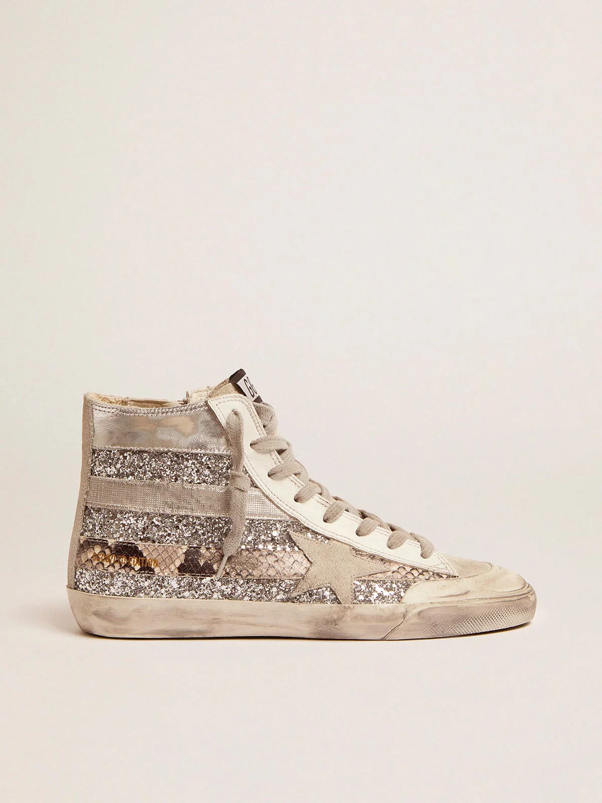 Women | Francy Lab Sneakers with Glitter Upper & Silver & Snake-Print Stripes | Silver x Ice x Rock Phyton - Image 5