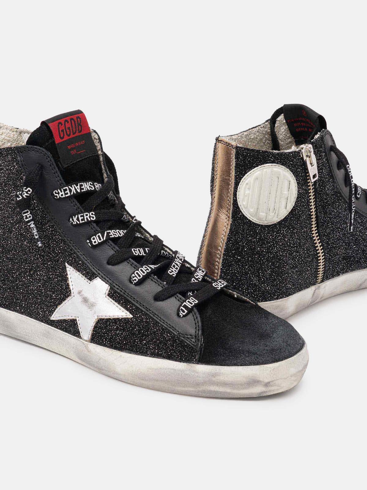 Women | Francy Sneakers Black Glitter with Silver Leather Star | Black x Silver x Brown - Image 3