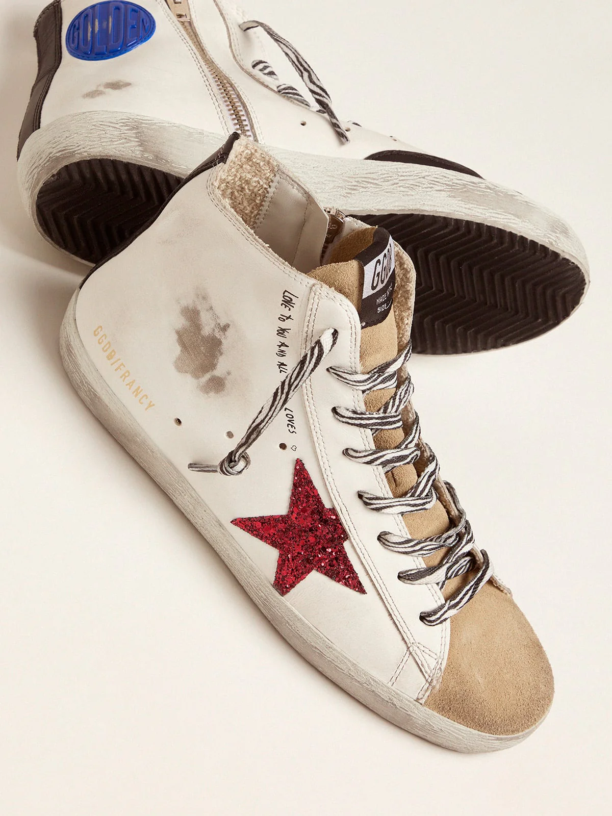 Women | Francy Sneakers with Red Glittery Star & Handwritten Lettering | White x Cappuccino x Red x Black - Image 2