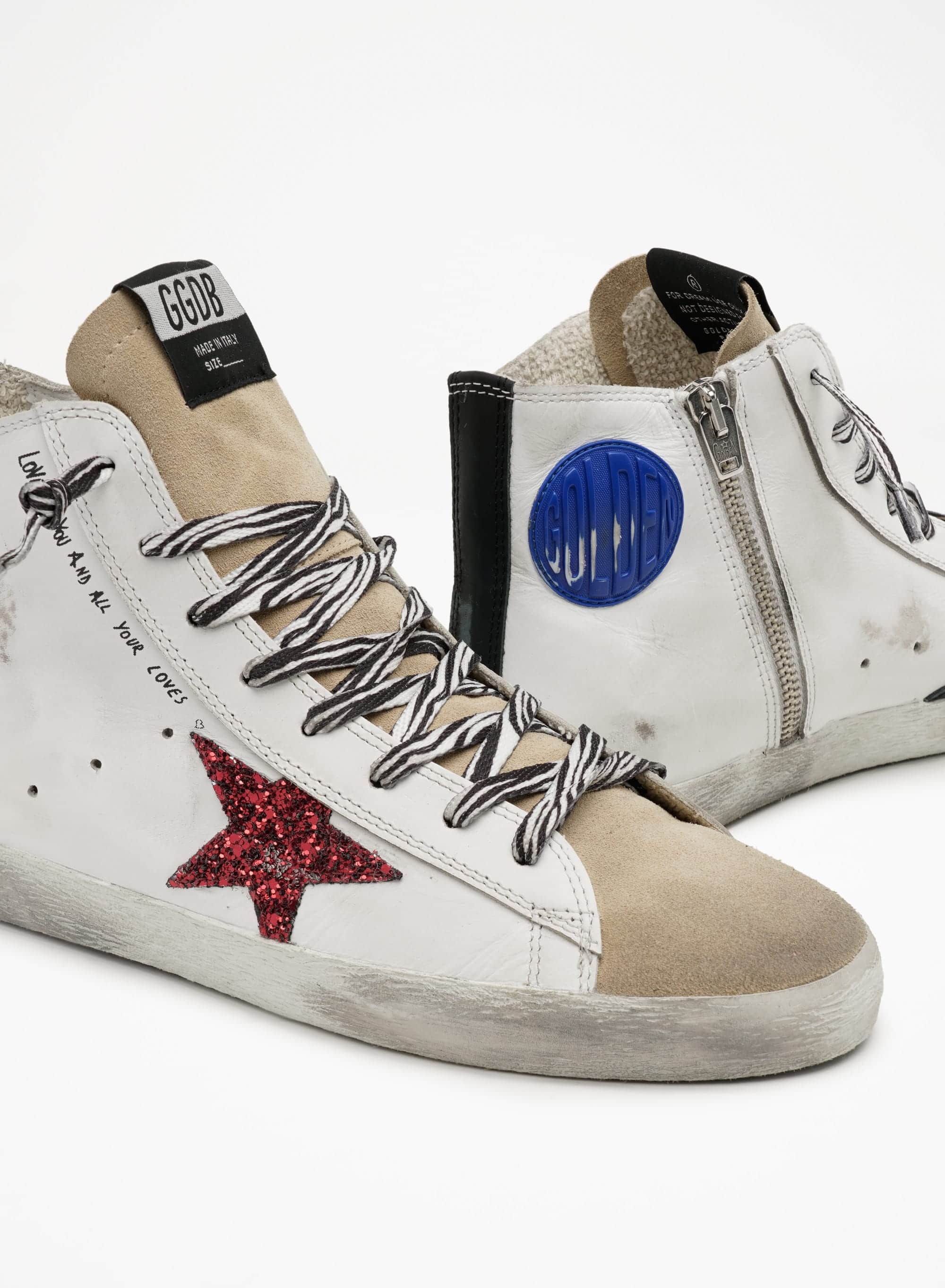 Women | Francy Sneakers with Red Glittery Star & Handwritten Lettering | White x Cappuccino x Red x Black - Image 3