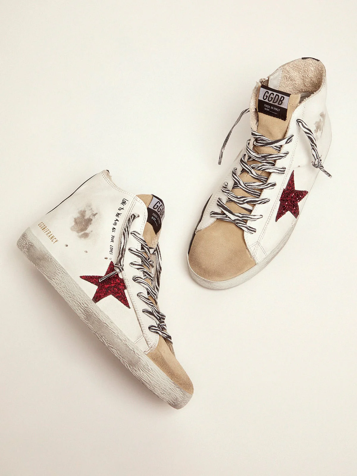 Women | Francy Sneakers with Red Glittery Star & Handwritten Lettering | White x Cappuccino x Red x Black - Image 5