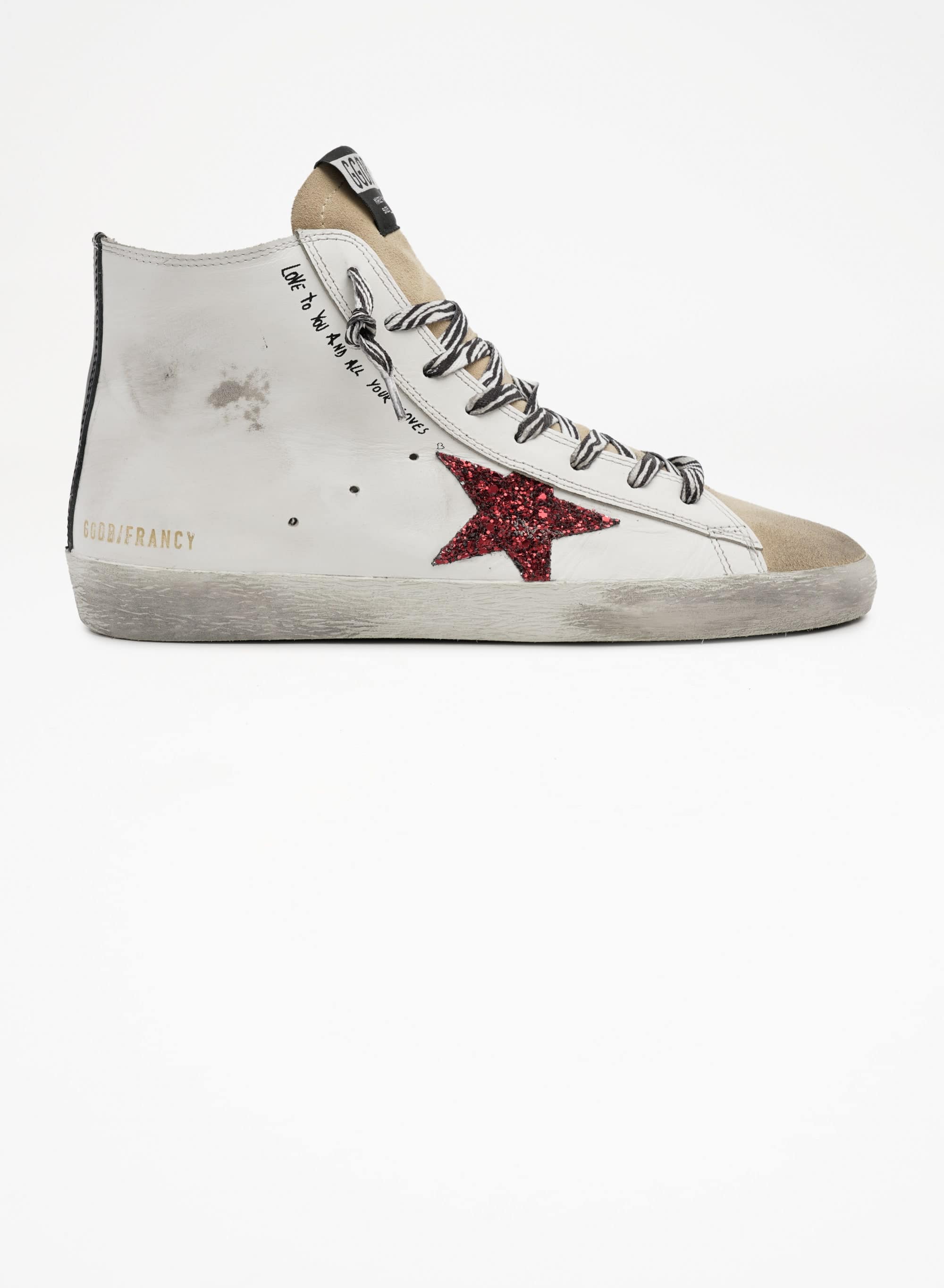 Women | Francy Sneakers with Red Glittery Star & Handwritten Lettering | White x Cappuccino x Red x Black - Image 6