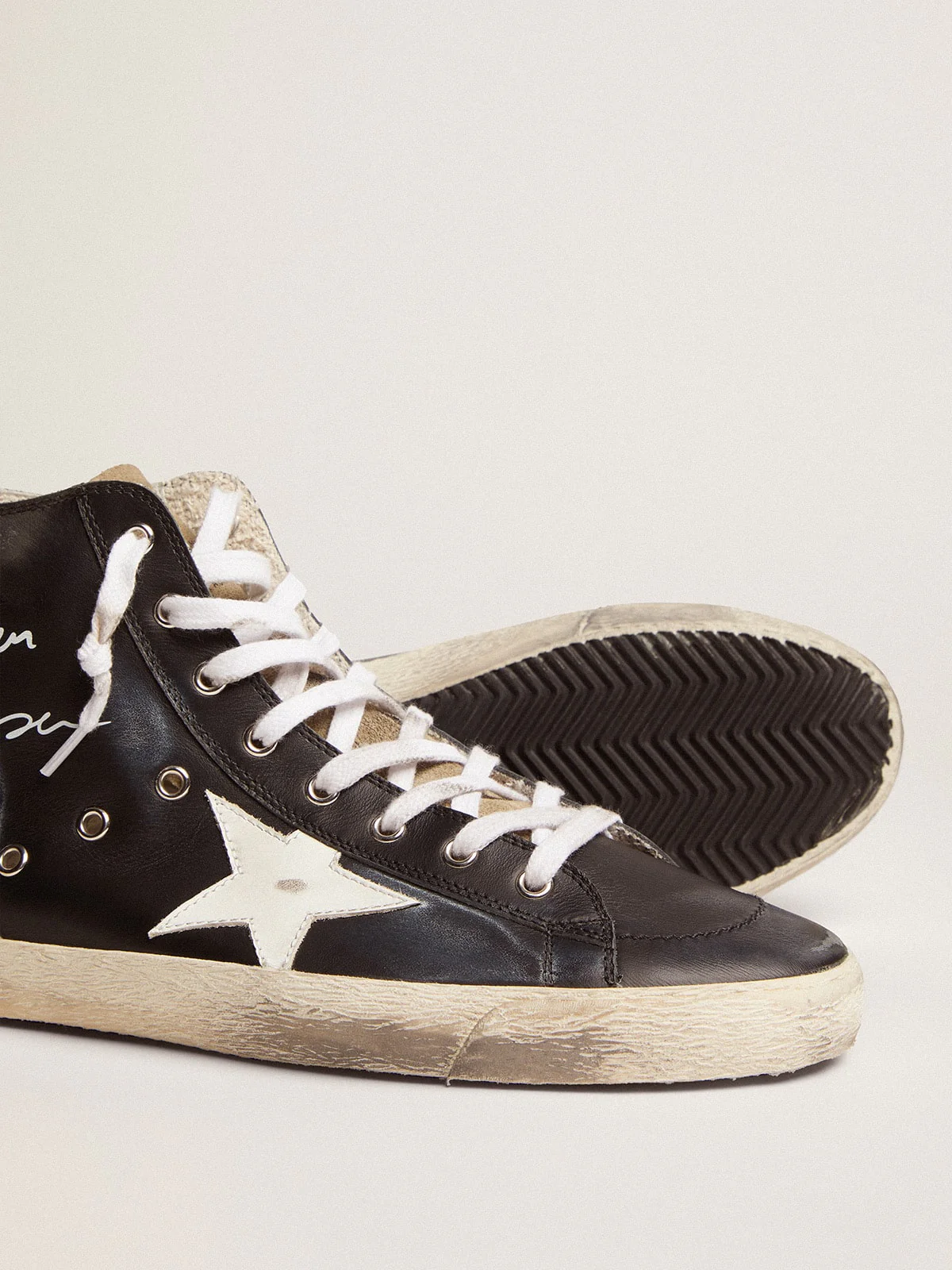 Women | Francy with Black Leather Upper & White Star | Black x Taupe x White