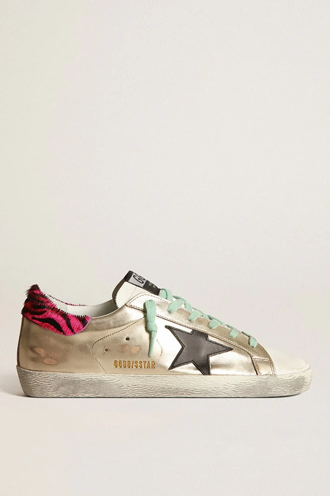 Women | Gold Super-Star Sneakers with Zebra-Print Heel Tab | Platinum x White x Black x Fuxia Black Zebra - Image 3