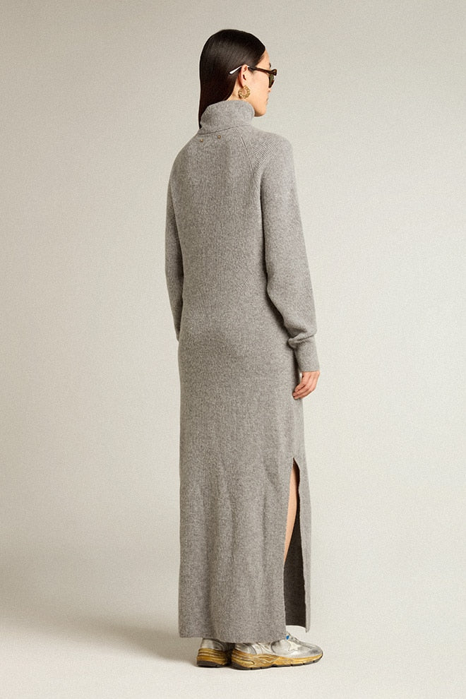 Women | Gray Melange Ribbed Woolen Dress with High Neck | Grey Melange - Image 3