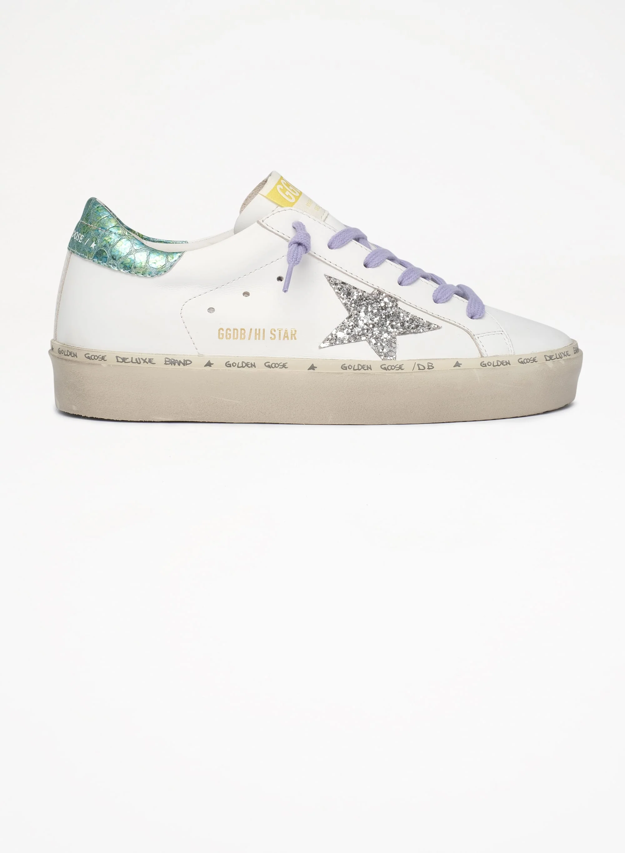 Women | Hi Star Ltd Sneakers with Glitter Star & Printed Heel Tab | White x Silver x Aquamarine - Image 4
