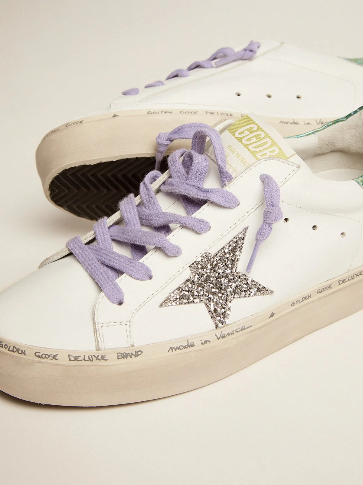Women | Hi Star Ltd Sneakers with Glitter Star & Printed Heel Tab | White x Silver x Aquamarine - Image 5