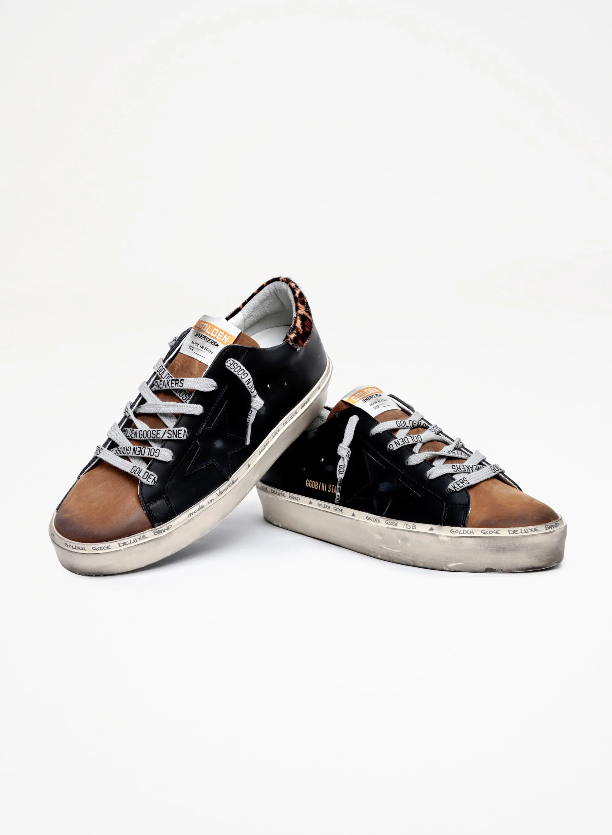 Women | Hi Star Sneakers Black & Brown Leather with Leo Pony Skin Heel Tab | Black x Coffee Brown x Beige Brown Leo - Image 2