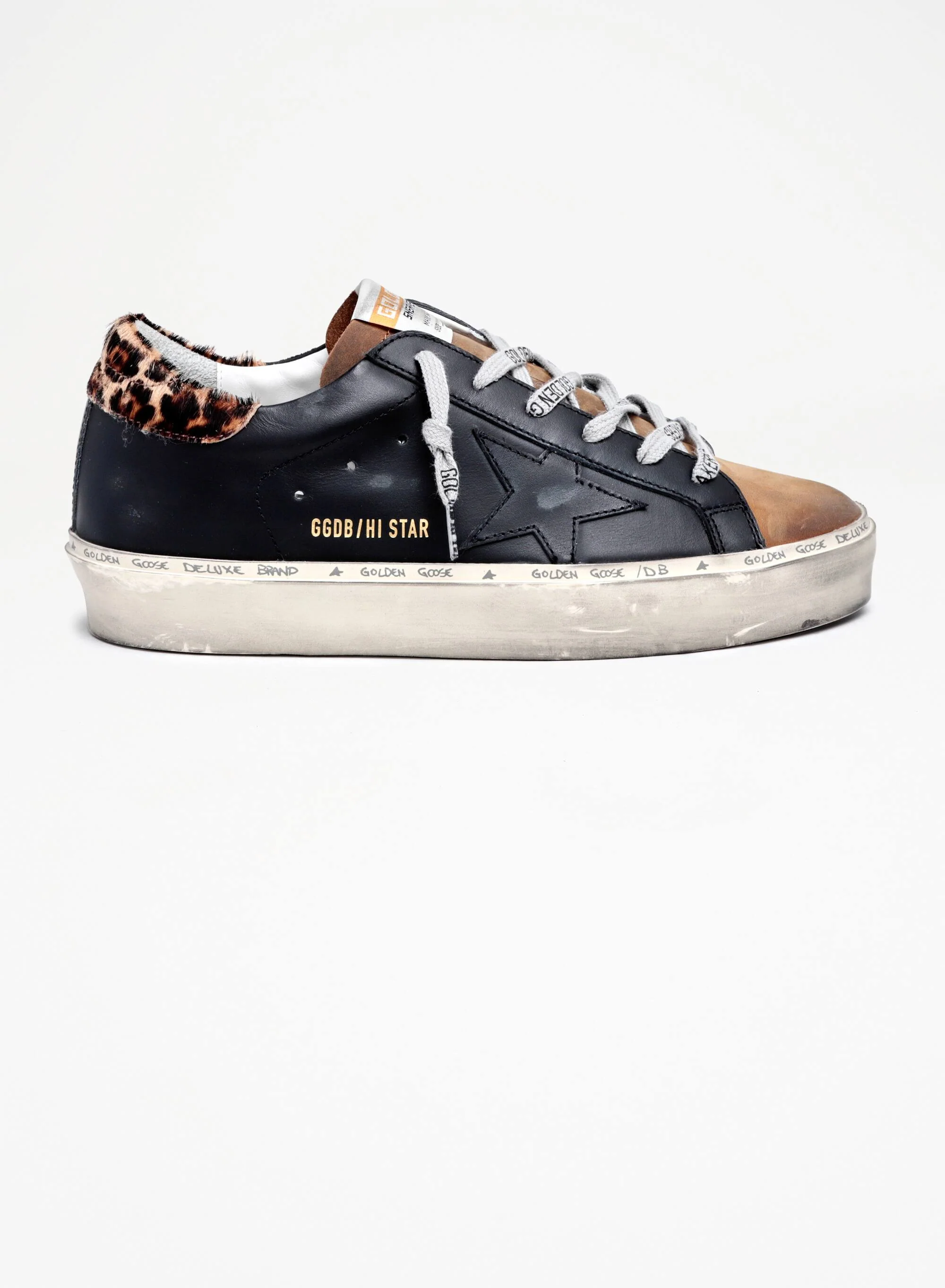Women | Hi Star Sneakers Black & Brown Leather with Leo Pony Skin Heel Tab | Black x Coffee Brown x Beige Brown Leo - Image 3