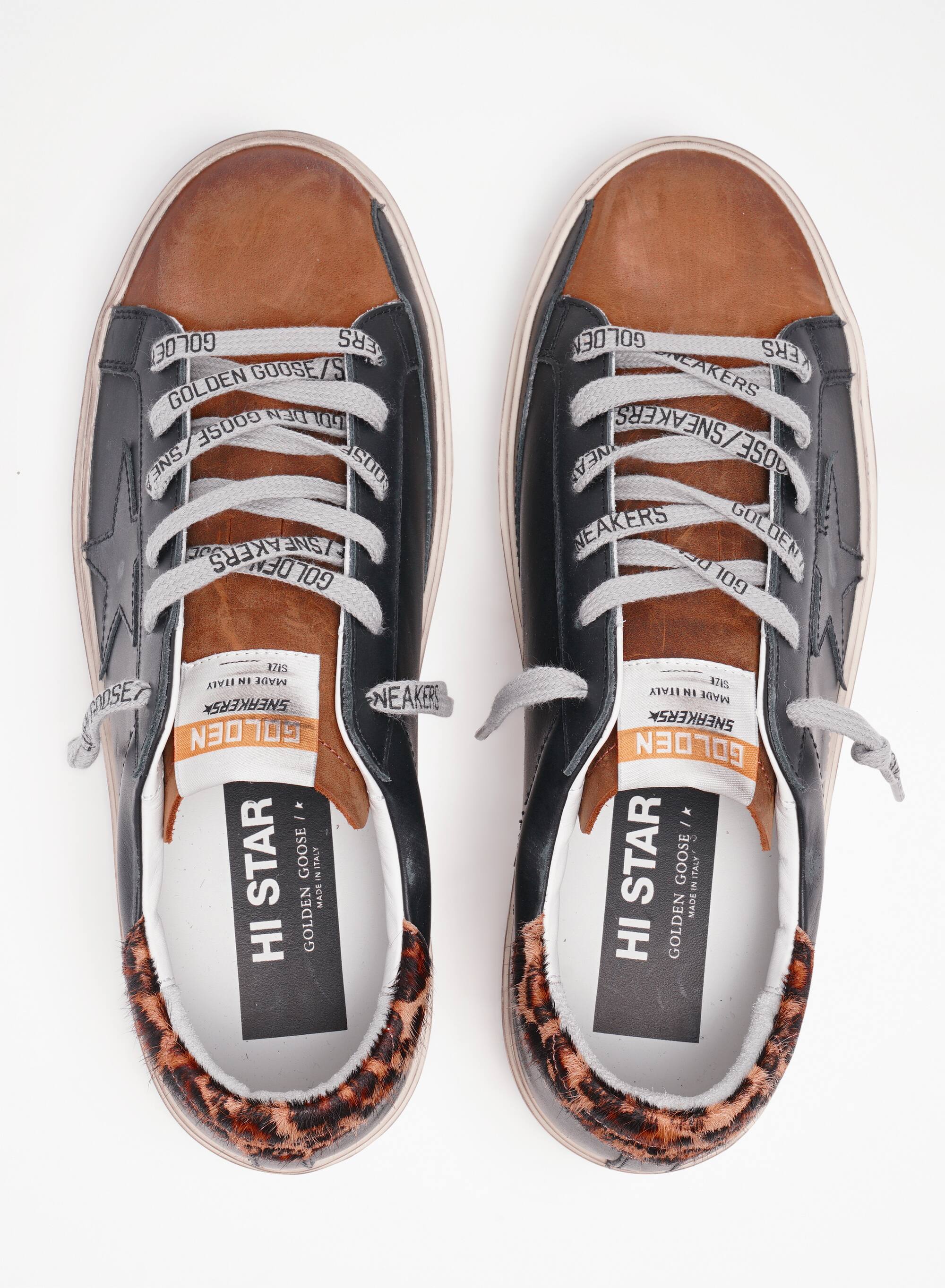 Women | Hi Star Sneakers Black & Brown Leather with Leo Pony Skin Heel Tab | Black x Coffee Brown x Beige Brown Leo - Image 4
