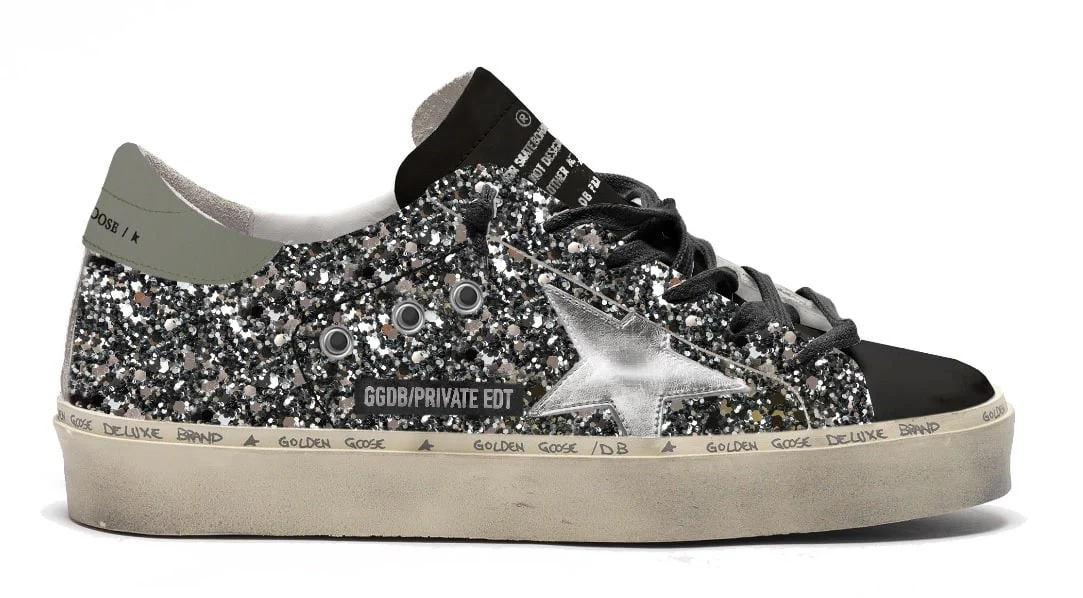 Women | Hi Star Sneakers Black Glitter with Laminated Star & Black Leather Toe | Silver Black x Black x Silver x Military Green