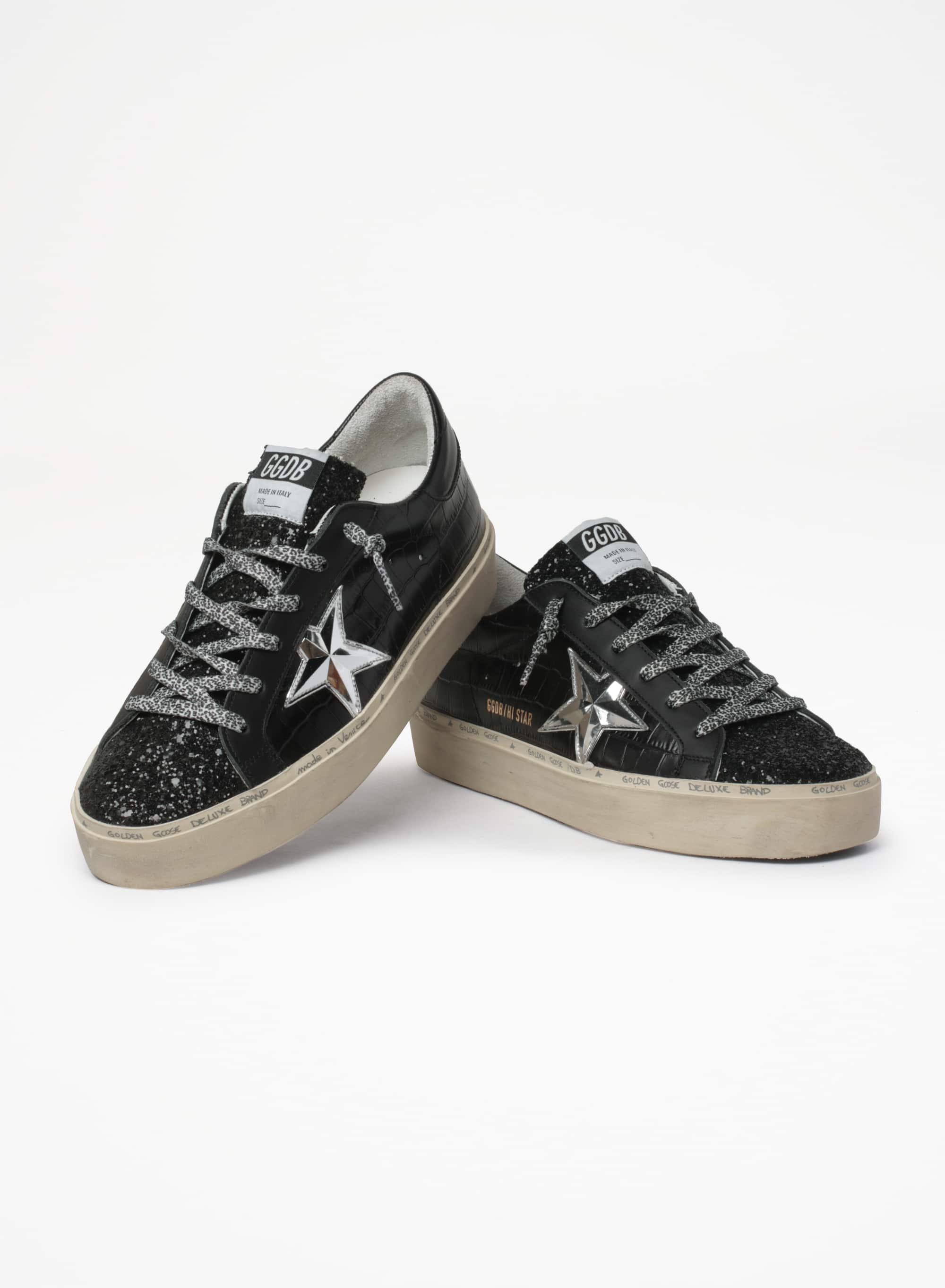 Women | Hi Star Sneakers Black Leather with Glitter Toe & Silver Star | Black x Silver