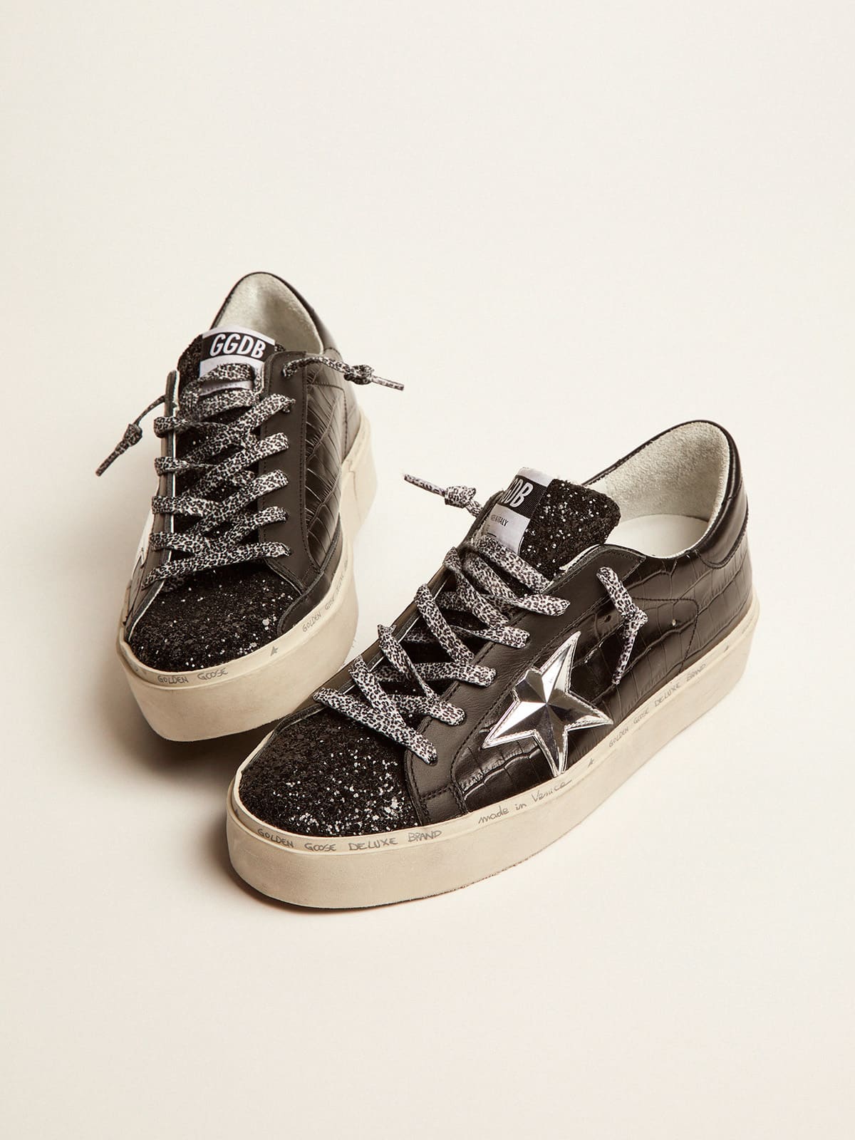 Women | Hi Star Sneakers Black Leather with Glitter Toe & Silver Star | Black x Silver - Image 4