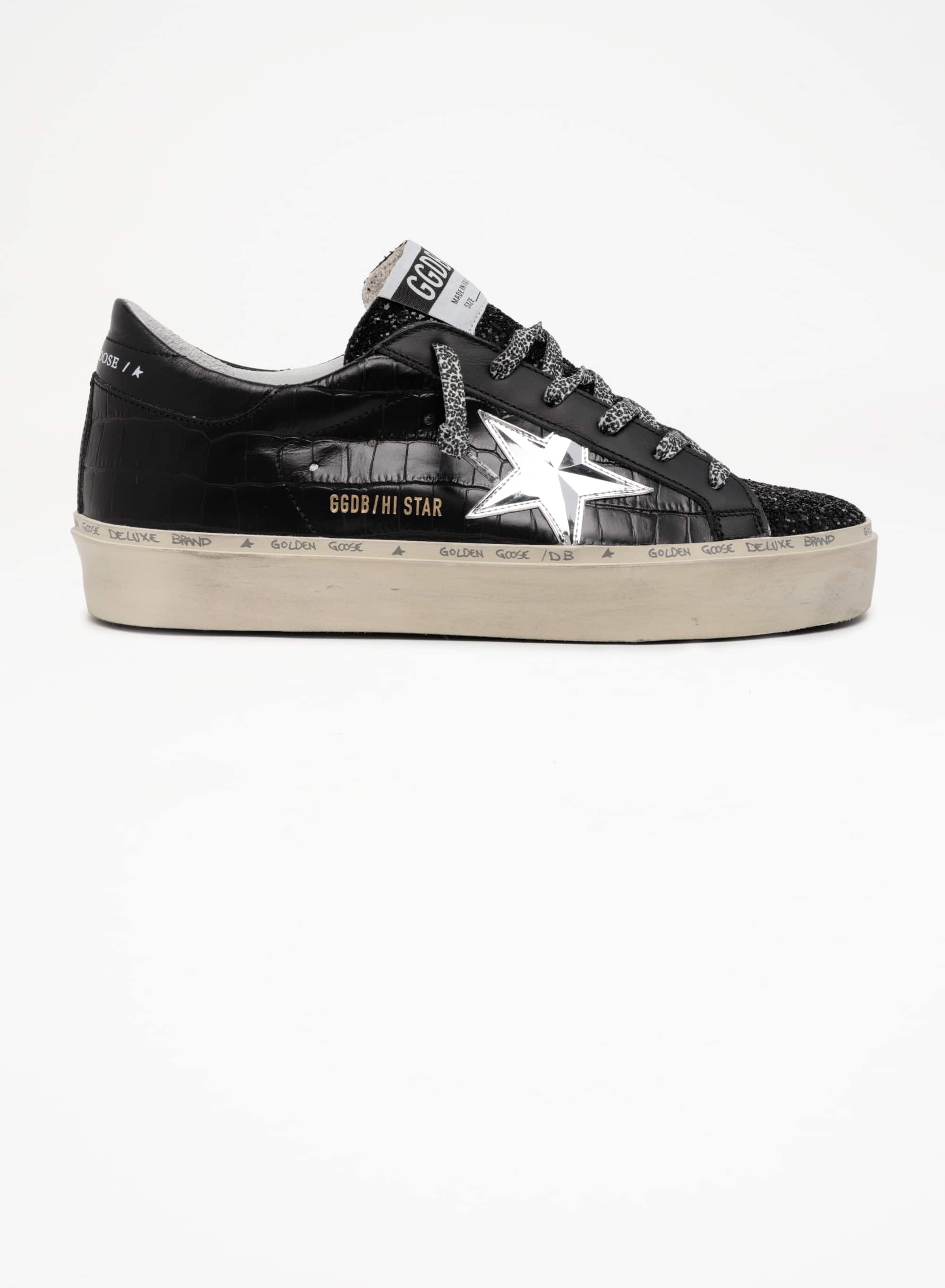 Women | Hi Star Sneakers Black Leather with Glitter Toe & Silver Star | Black x Silver - Image 6