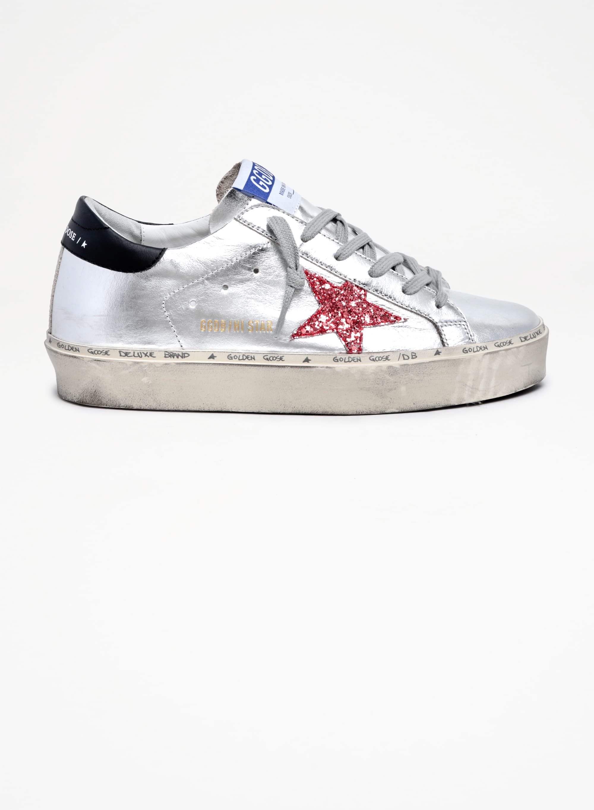Women | Hi Star Sneakers Silver Laminated Leather with Red Glitter Star & Black Heel Tab | Silver x Salmon Pink x Black - Image 4