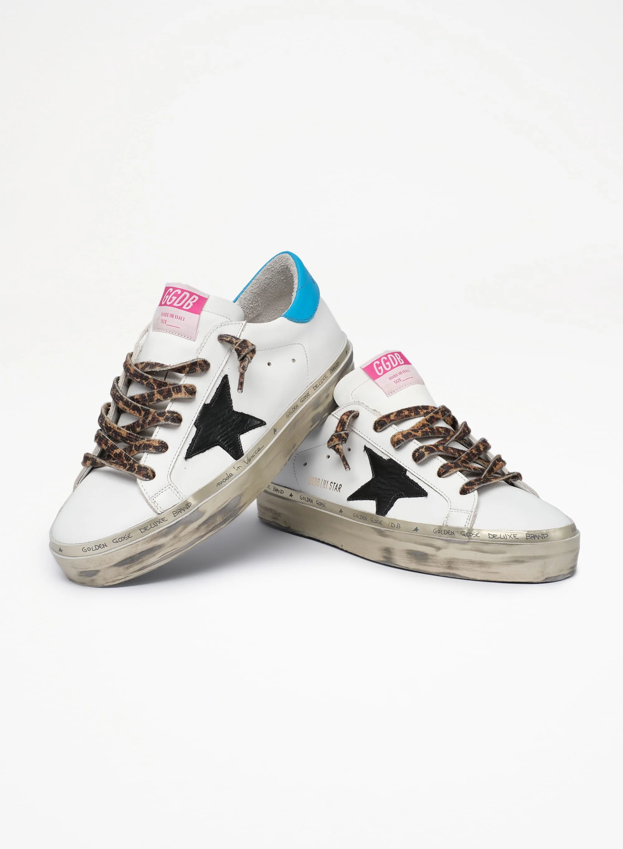 Women | Hi Star Sneakers White Leather with Black Star & Blue Electric Heel Tab | White x Black x Cyan Blue - Image 3