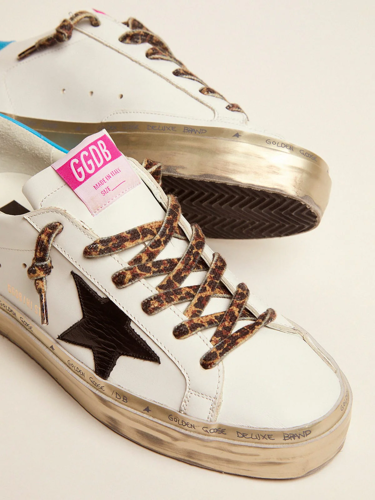 Women | Hi Star Sneakers White Leather with Black Star & Blue Electric Heel Tab | White x Black x Cyan Blue - Image 6