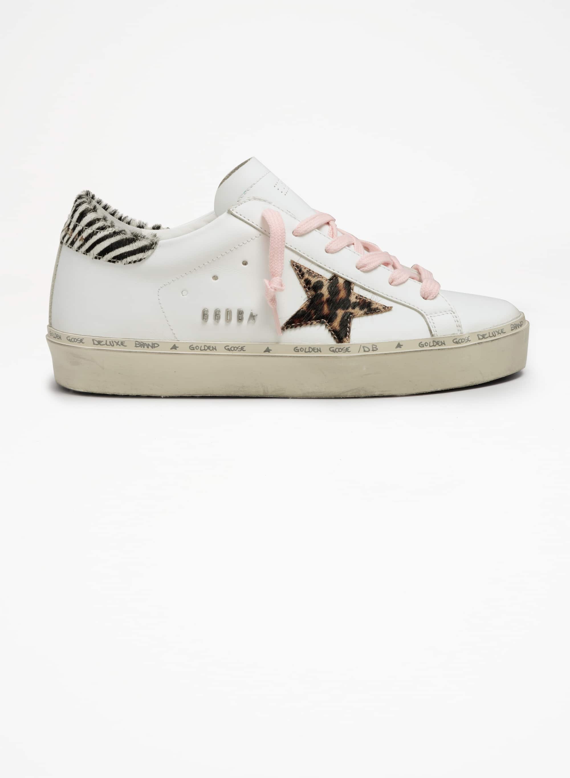 Women | Hi Star Sneakers White Leather with Leopard Pony Skin Star & Zebra Pony Skin Heel Tab | White x Beige Brown Leo x White Black