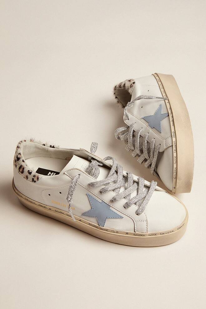 Women | Hi Star Sneakers White Leather with Light Blue Star & Leopard Pony Skin Heel Tab | White x Powder Blue x White Black Crem Leo