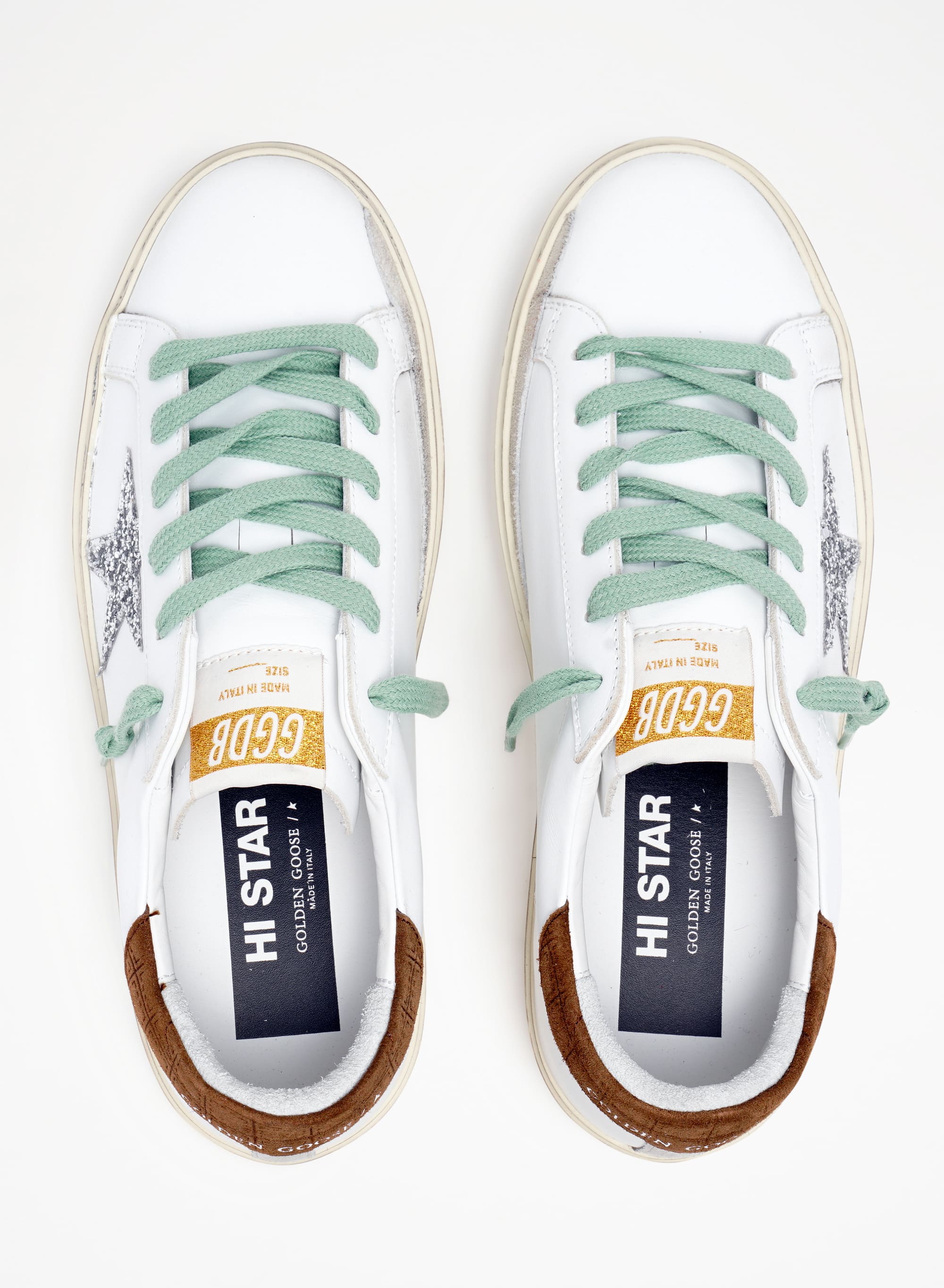 Women | Hi Star Sneakers White Leather with Silver Glitter Star & Brown Hammered Leather Heel Tab | White x Silver x Brown - Image 8