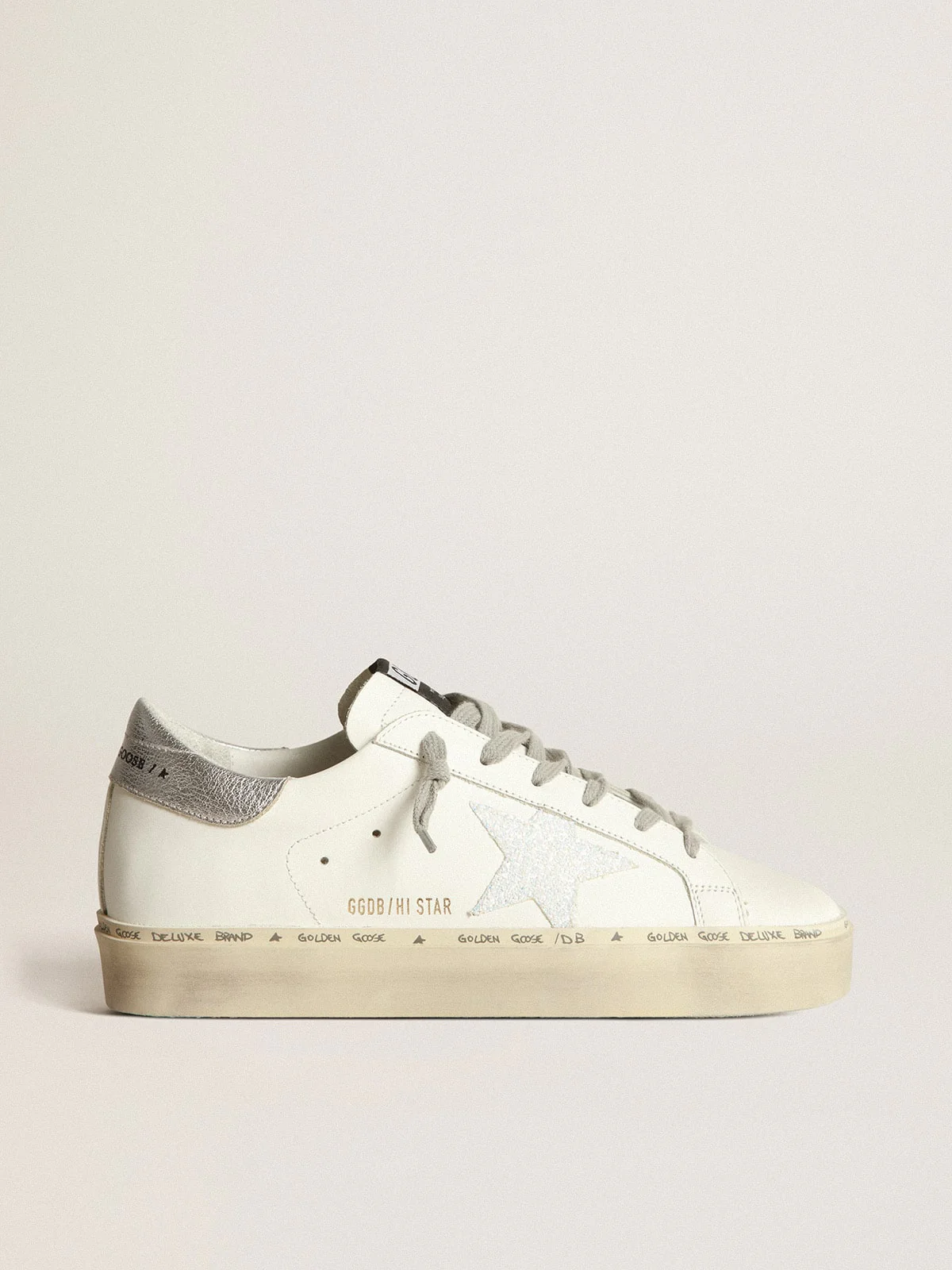 Women | Hi Star Sneakers with Iridescent Star & Silver Heel Tab | White x Silver - Image 3