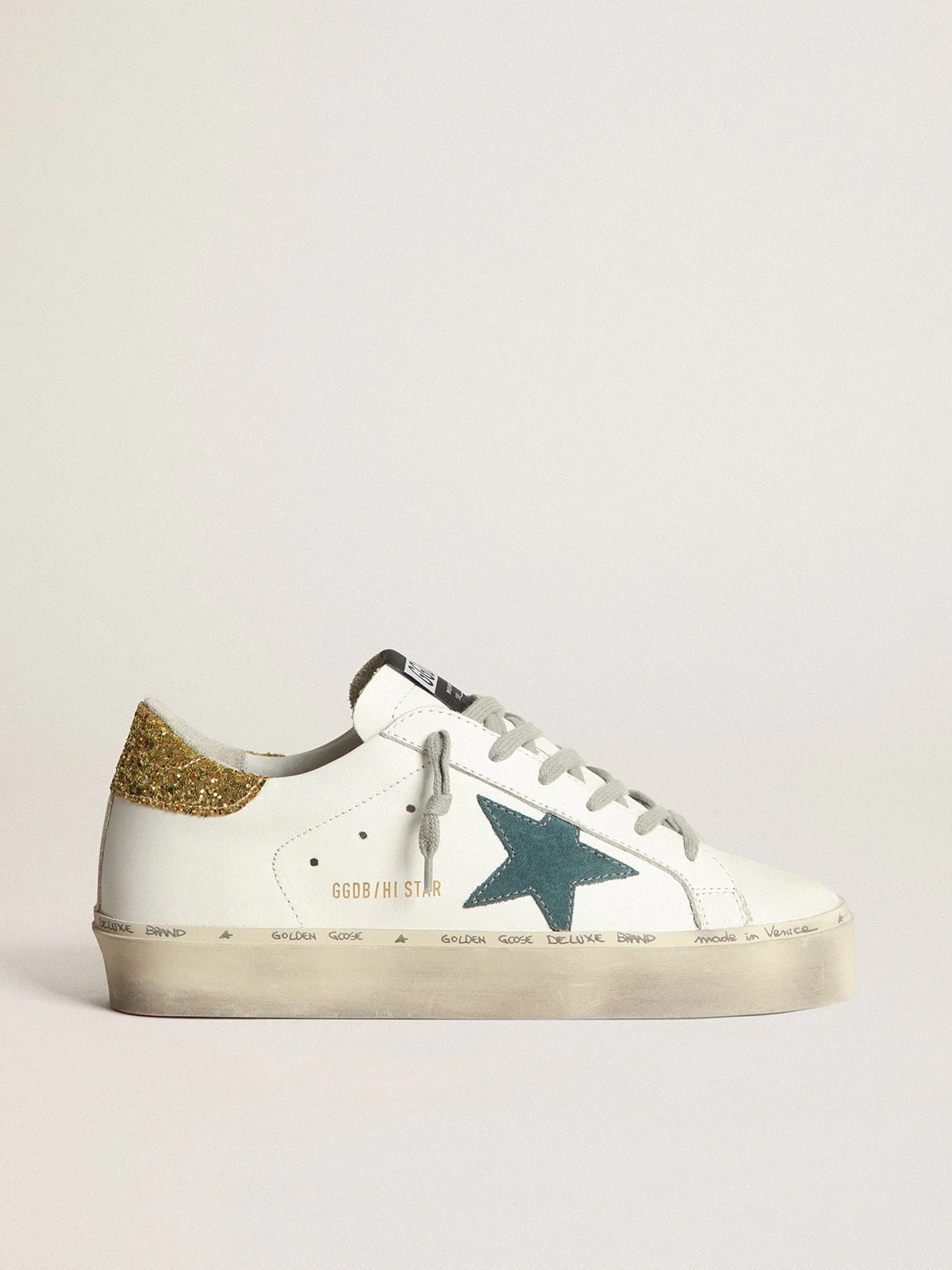 Women | Hi Star Sneakers with Petrol-Blue Suede Star & Gold Glitter Heel Tab | White x Petroleum x Gold - Image 4