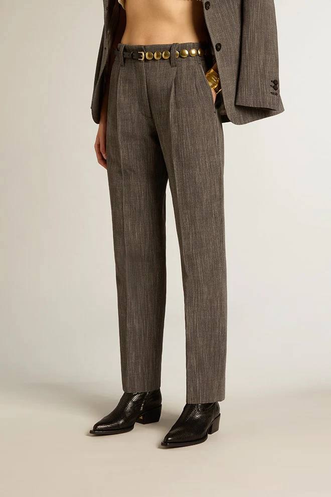 Women | High-Waisted Pants Gray Melange Wool Blend | Grey x White - Image 4
