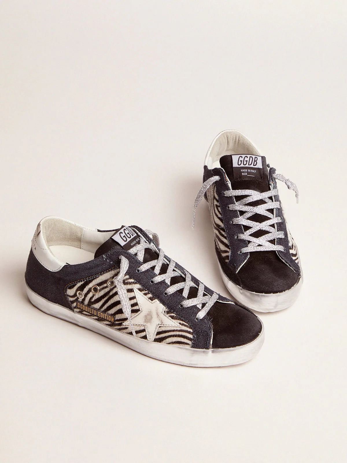 Women | Lab Limited Edition Super-Star Sneakers Denim, Zebra-Print Pony Skin & Suede | Black x White x Black Zebra x Bluette